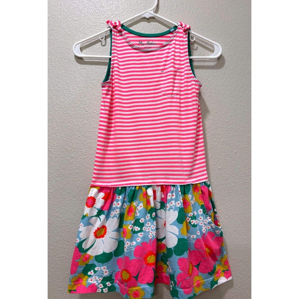 Mini Boden Dress Girls 9-10Y 140c Pink White Stripe Floral Tie Drop Waist Cute